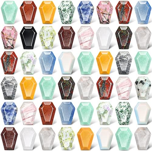 50 Pieces Coffin Shaped Crystal Stones Bulks 0.8 Inch Worry Stones Gemstone Coffin Pocket Carved Stones for Halloween Christmas Witch Craft Supplies Meditation Balancing Jewelry Decor(Classic Colors) Nuenen