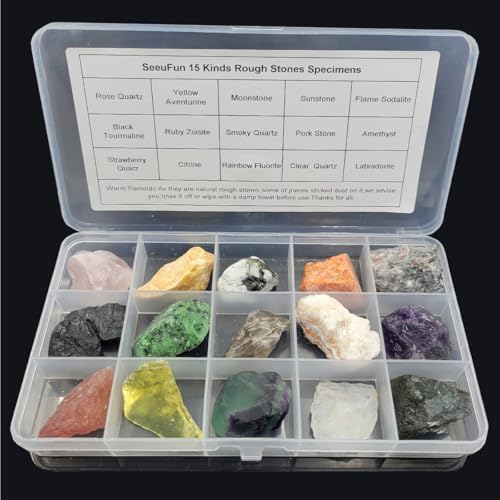 Rock & Mineral Collection Kit for Adults and Kids Natural Rocks for Tumbling Polishing Gemstone Raw Crystals Rough Stones for Wicca & Reiki (15Pcs) SeeuFun