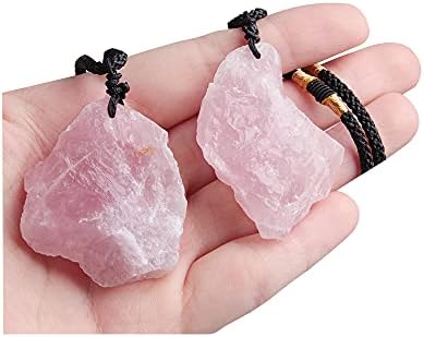 Acxico 2Pcs Natural Pink Rose Quartz Crystal Pendant Irregular Healing Stone Necklace Acxico