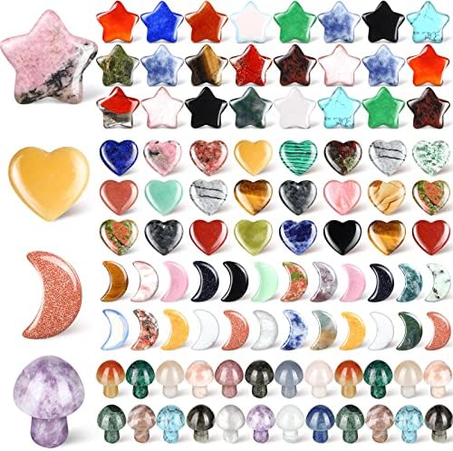 Nuenen 100 Pieces Crystal Mushroom Sculpture Heart Shaped Crystals Moon Star Crystal Stones Bulks Worry Stones Assorted Hand Making Palm Thumb Gemstones for Meditation Meditation Reiki Balancing Nuenen