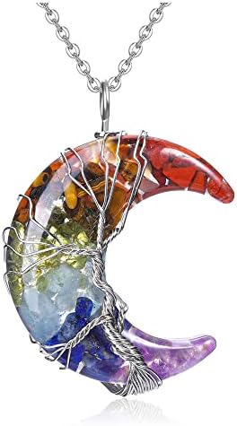 CrystalTears Chakra Healing Crystal Necklace Tree Life Wire Wrapped Resin Moon Gemstone Pendant Reiki Healing Quartz Crystal Stone Necklaces Jewelry Gifts for Mom Women Mothers Day CrystalTears