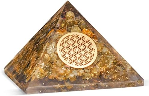 FASHIONZAADI Labradorite Flower of Life Crystal Pyramid Decor, Chakra Balancing Stones, Crystal Figurine Reiki Prosperity Wealth, Office Desk Accessories, Pyramids Large, Meditaion Accessories FASHIONZAADI