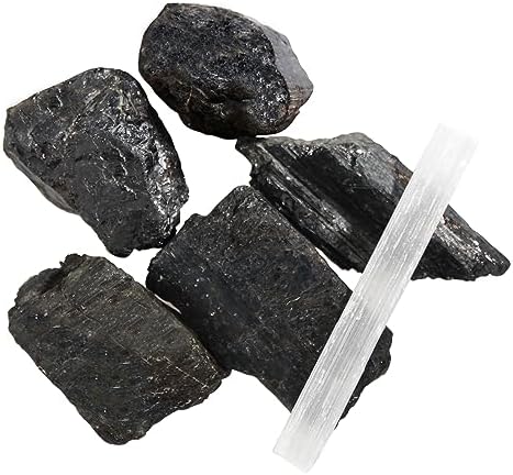 1.1lb Black Tourmaline Crystals Bulk & 4inch Selenite Stick, Natural Rough Raw Black Tourmaline Stones for Wicca, Reiki Crystal Healing, Cleansing Energy, Calming and Purification Energy Orientrea