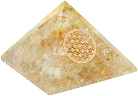 FASHIONZAADI Citrine Flower of Life Reiki Pyramid Decor, Handmade Natural Stones Crystal Figurine Chakra Healing Crystals Copper Spiral, Table Desk Accessory FASHIONZAADI