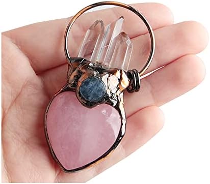 Acxico 1Pcs Natural Rose Quartz Crystal Heart Carved Pendant Clear Quartz Point Healing Acxico