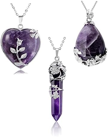 Jovivi 3 Pcs Healing Crystal Necklaces Flower Wrapped Amethyst Crystals Heart Stone Pendant Necklace Natural Reiki Energy Healing Quartz Gemstone Jewelry for Women Men Jovivi