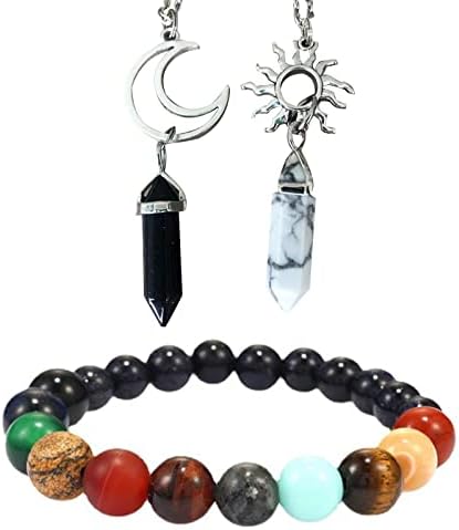 2pcs Hexagonal Column Crystal Sun and Moon Pendant Necklace Crystal Healing Black Agate+ Clear Quartz for Best Friends/Couples and 1pcs Crystal Agate Universe Nine Planets Beads Bracelet Soulnioi