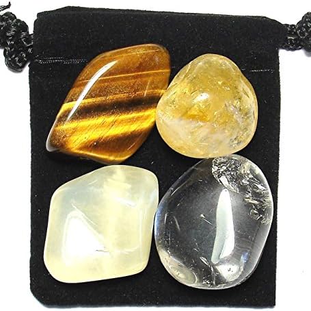 Manifest Luck Tumbled Crystal Healing Set with Pouch & Description Card - Citrine, Clear Quartz, Moonstone, & Tiger's Eye. The Magic Is In You