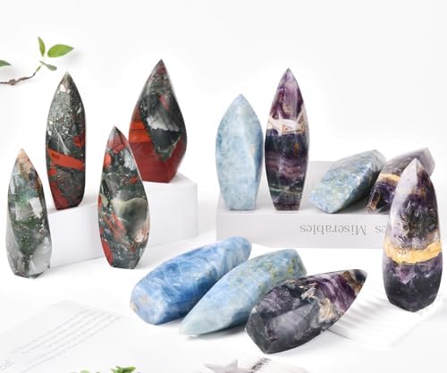 JIC Gem Rainbow Fluorite Crystal Large Healing Crystal Point 4 Sides Spiral Tower Colorful Fluorite Stone Energy Gemstone Home Decor 1.1-1.7 Lbs JIC Gem