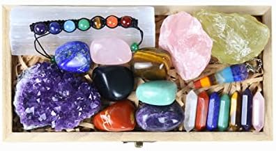 Healing Crystals and Stones Kit in Box, Chakra Crystal Set, Amethyst Crystal, Rose Quartz, Citrine, Selenite Wands, Red Jasper, Tiger's Eye Stones, Obsidian, Aventurine, Lapis Lazuli, Pendulum Nvzi