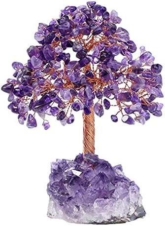 Top Plaza Amethyst Crystals Tree Healing Crystal Stones Wrapped on Natural Raw Amethyst Cluster Base Copper Money Tree Decor Home Indoor Office Desk Decoration Top Plaza