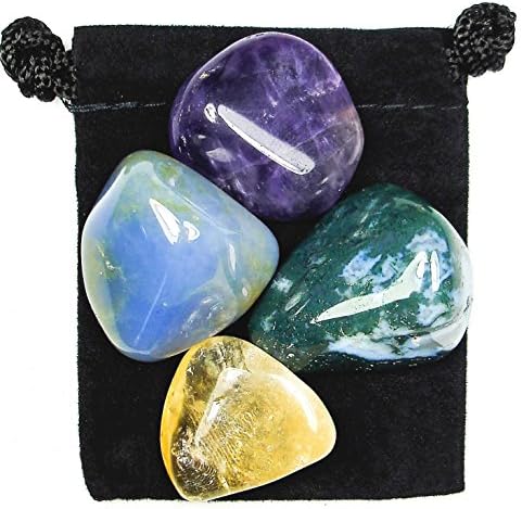 JOY & HAPPINESS - Professionally Selected Tumbled Crystal Healing Set with Pouch & Description Card - Amethyst, Carnelian, Citrine, & Moss Agate Genuine Gemstones The Magic Is In You