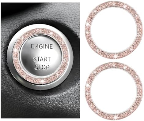 2 PCS Car Bling Engine Start Ring Decal, Sparkling Rhinestone Vehicle Engine Start Button Decal, Auto Push Start Button Cover Sticker for Most Automotive, Car Accessories (Light Pink) Povtii