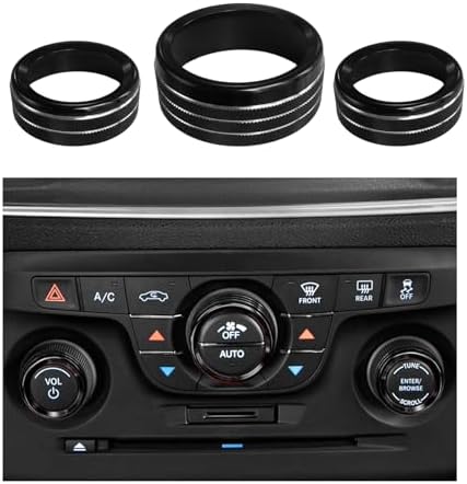 3PCS Air Conditioner Switch Button Knob Cover, Aluminum Alloy A/C Decal Trim Rings Compatible with Dodge Challenger Durango 2015-2022, Auto Interior Decor Accessories (Black) Dickno