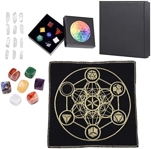 Amogeeli 7 Chakra Stone & Metatron’s Cube Sacred Geometry Energy Mat Crystal Grid Set for Beginner Divination Meditation Altar, Healing Stone Decoration for Energy Chakra Reiki Wicca Amogeeli