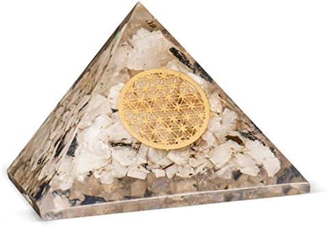 FASHIONZAADI Rainbow Moonstone E-Energy Crystal Pyramid, Reiki Sacred Geometry Flower of Life Symbol, Handmade Spiritual Gifts, Natural Raw Stones, Chakra Balancing Figurine, 2 Inch Approx FASHIONZAADI