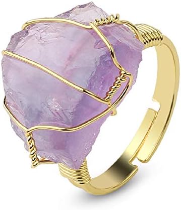 COLORFUL BLING Raw Healing Crystal Natural Stone Ring Statement Copper Wire Wrapped Irregular Crystal Gemstone Adjustalble Ring Jewelry for Women COLORFUL BLING