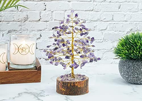 Amethyst Crystal Tree of Life Feng Shui Tree Stone Tree Bonsai Money Tree Purple Gemstone Tree for Good Luck, Wealth & Prosperity Stones Spiritual Gift Home Decorations Golden Wire 7-8 Inch ZAICUS