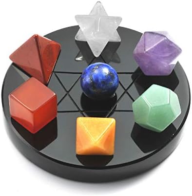 Top Plaza 7 Chakra Healing Crystals Kit Sacred Geometry Platonic Solids Crystals Reiki Tumbled Stones Set Lucky Decoration W/Black Obsidian Stand Top Plaza