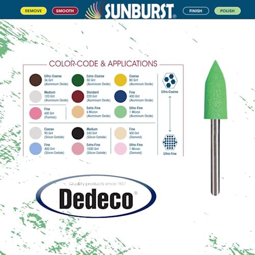 Dedeco Sunburst Points - 1/16" (1mm) Points, Shape 138, Light Green, Precision Cleaning Polishing Deburring Rotary Tool Accessories, Ultra-Fine 1 Micron Grit, Aluminum Oxide - 12 Pieces Per Pack Dedeco