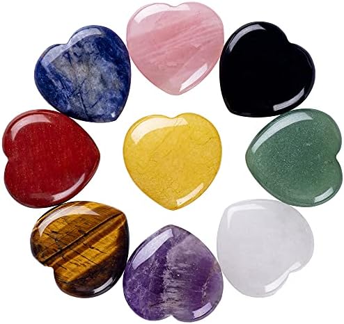 9 Chakra Heart Stones Set | 1" Natural Polished Puffy Healing Crystals Love Gemstone for Balancing Reiki Meditation Massage Energy Yoga and Decoration UFEEL