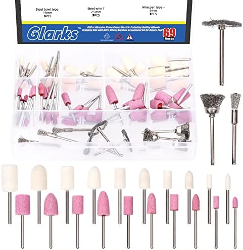 Glarks 69Pcs Abrasive Stone Points and Wire Brushes Assortment Kit, Corundum Sand Wool Felt Polishing Grinding Head Wheels and Wire Cup Wheels Pen Brushes Set with 1/8" Shank for Rotary Tool Glarks