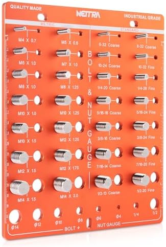 Thread Checker, Bolt and Nut Identifier Gauge, Nut Bolt Thread Checker, Nut and Bolt Thread Checker 14 Metric & 14 Standard Sizes Nut & Bolt Board with 8 Drilled Measuring Holes, Aluminum Alloy Neitra