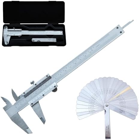 Vernier Caliper 6 Inch + Stainless Steel Feeler Gauge 32 Blade, 6" Stainless Steel Non Digital Caliper, 0-6Inch/0-150mm，0.02mm/0.001" High Precision Caliper Hdlnkak