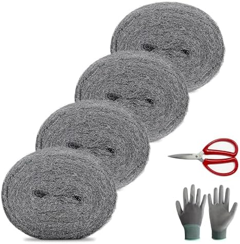 0000 Steel Wool for Mice Control - 4 Pack 8.5 ft 0000 Steel Wool with Gloves and Scissors Sufraj