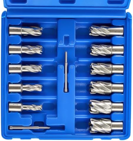 ZELCAN Annular Cutter Set, 11pc Mag Drill Bit Kit with 1" Cutting Depth, 7/16" to 1-1/16" Cutting Diameter, HSS Spiral Flute Annular Cutters with 2 Pilot Pins & Carrying Case for Steel Aluminum Copper Zelcan