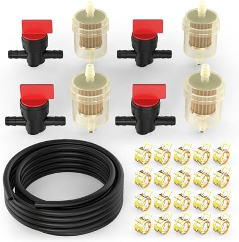 13Ft 1/4" Fuel Line Hose, 4Pcs in line fuel valve + 4Pcs 1/4" Inline Fuel Filters + 20Pcs Adjustable Fuel Hose Clamps Qcdeng