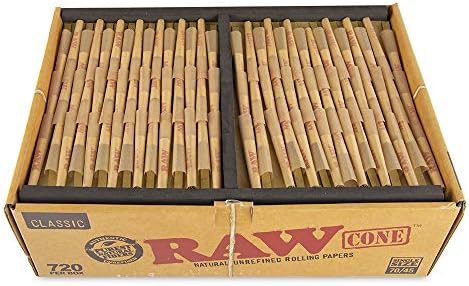 RAW Classic Prerolled Cones Bulk (720 Pack) Single Wide Pre Rolled Cones - 70mm Cone/45mm Filter - Pre-Roll Cones - Filter Tips - Natural Brown Unbleached Unrefined Rolling Papers Raw