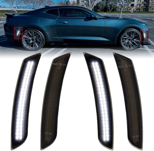 Dynamic White LED Side Marker Lights for Chevy Camaro 2016-2023 6th Gen LS LT SS RS ZL1, Smoked Lens Front Rear Bumper Marker Lamps 4PCS FetonAuto