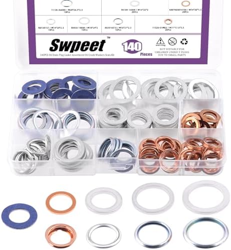 Swpeet 140Pcs 9 Types Oil Drain Plug Gasket Assortment Kit, Aluminum/Copper/Steel Oil Crush Washers Seals Kit Compatible with Toyota Honda Subaru VW Mercedes Benz Swpeet