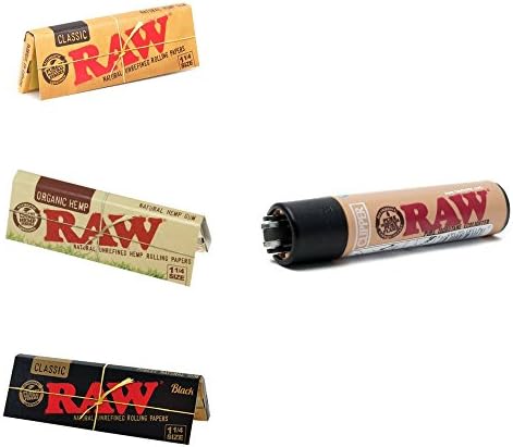 RAW Premium Rolling Papers Ultimate 3 Pack Bundle + Lighter | 1 1/4 1.25 Classic, Organic and Black Rolling Papers with RAW Clipper Lighter Raw