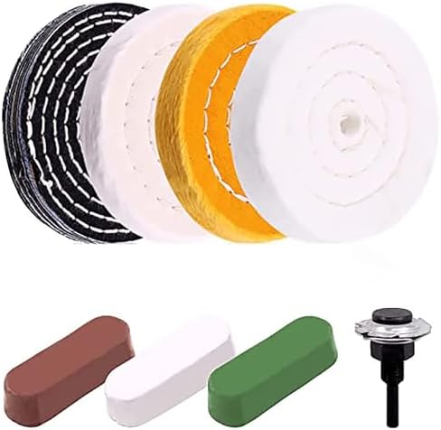 4'' Buffing Polishing Wheels with 3 Pcs Polishing Compounds/White Cotton (50-ply) /Yellow Cotton (36-ply)/Flannel (30-ply)/Denim and 1/4" Shank for Bench Grinders/Bench Buffer Rotary Tools Ywhwlx