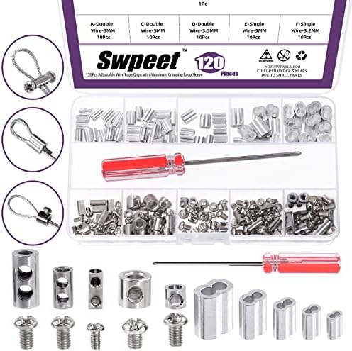 Swpeet 121Pcs Adjustable Wire Rope Clips Clamp and Aluminum Crimping Loop Sleeve with Screwdriver Assortment Kit, Wire Rope Grips Wire Rope and Cable Wire Rope Lock with End Screw Stopper for Cable Swpeet