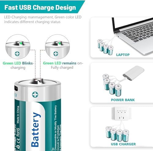 2 аккумулятора литиевых D с USB и 4-канальным кабелем, 1.5 В, емкость 5600 мВт·ч Fitinoch