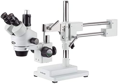 AmScope SM-4T Professional Trinocular Stereo Zoom Microscope, WH10x Eyepieces, 7X-45X Magnification, 0.7X-4.5X Zoom Objective, Ambient Lighting, Double-Arm Boom Stand AmScope