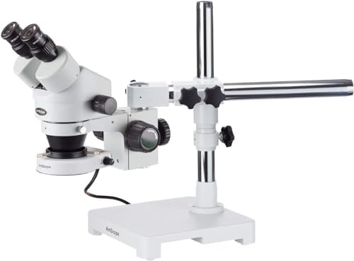 AmScope SM-3B-80S Professional Binocular Stereo Zoom Microscope, WH10x Eyepieces, 7X-45X Magnification, 0.7X-4.5X Zoom Objective, 80-Bulb LED Ring Light, Single-Arm Boom Stand, 90V-265V AmScope