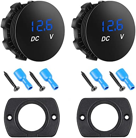 2 Pieces DC 12-24 V Car Voltmeter Mini Digital Display Voltage Meter Waterproof Voltage Gauge Round Shiny Panel Voltmeter with Waterproof LED Digital Display Compatible with Vehicle Truck (Blue) Frienda