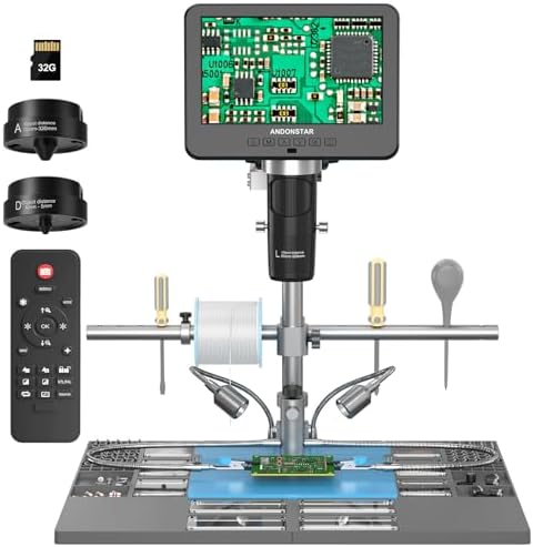 Andonstar AD249S-M Plus 10.1'' HDMI Soldering Digital Microscope for Electronics Repair, 2000x 3 Lens 2160P UHD Video Record, Soldering Microscope Station with Helping Hands, Slides, 32GB Card Andonstar