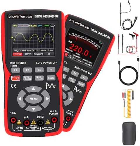 Handheld Oscilloscope Multimeter, 10MHz Bandwidth, 48MSa/s, Auto Waveform Measurement, 9999 Counts Multimeter, Volt & Amp Tester, Capacitance, Resistance, Diode & Temperature Supported Ivolwin