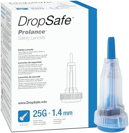 Prolance Safety Lancet, Low Flow, 25 Gauge, 1.4mm, Top Button Activated for Controlled Blood Testing, Sterile, Single-Use, 200ct Box DropSafe