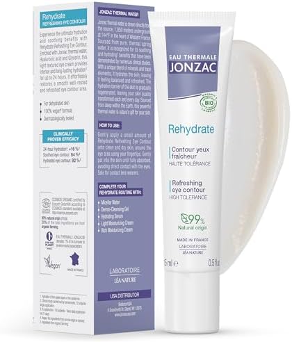 Rehydrate Organic Refreshing Eye Contour Cream - Soothing Hydration with Hyaluronic Acid For Dark Circles -For Sensitive Skin 0.5 Fl Oz Eau Thermale Jonzac