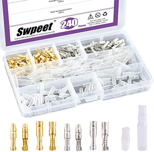 Swpeet 240Pcs Bullet Connectors Kit, 3.9mm Brass Bullet Male & Female Wire Terminals Connector with Insulation Cover for Motorcycle Scooter Car Truck with Insulation Sleeve Swpeet