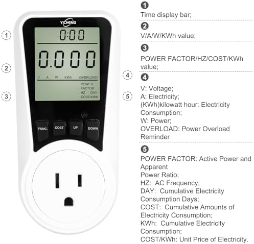 Multifunctional YC05-US Energy Meters Socket Wattmeter Power Monitor for US with Electricity Consumption Meter,Let it Help You Better Control Your Electricity Bills. (Blue Backlight) Yicheng