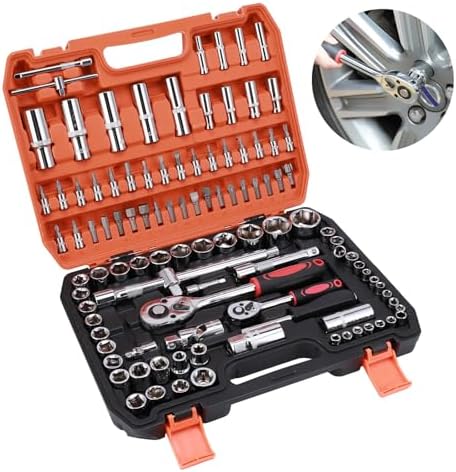 S SUNSBELL 53 Pieces Socket Ratchet Wrench Set - Professional Drive Socket Wrench Set with Bit Socket Set Metric, Extension Bar and Storage Case for Auto Repairing and Household S SUNSBELL