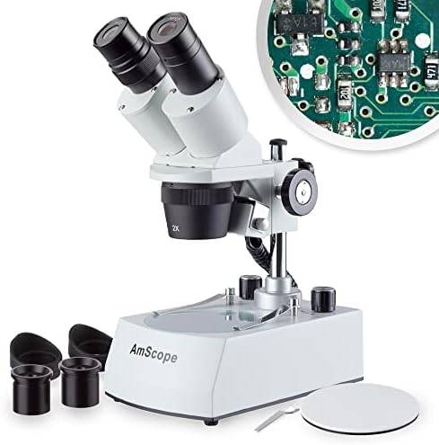 AmScope SE306R-PZ-LED Forward-Mounted Binocular Stereo Microscope, WF10x and WF20x Eyepieces, 20X/40X/80X Magnification, 2X and 4X Objectives, Upper and Lower LED Lighting, Reversible Black/White Stage Plate, Pillar Stand, 120V or Battery-Powered AmScope