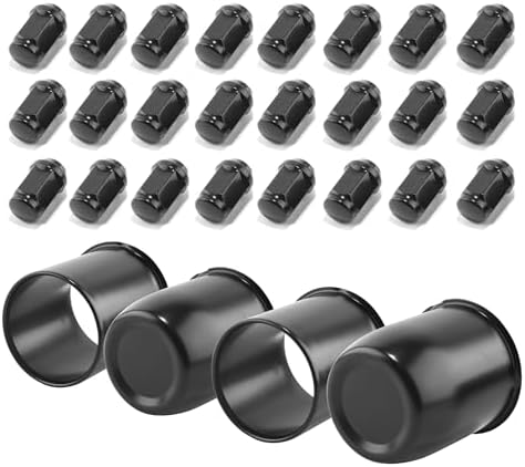 4Pcs 3.19in Wheel Center Caps Push Through with 24 Lug Nuts Sets - Stainless Steel Trailer Open/Curve Top Hub Cap and 1/2''-20 Lug Nuts for Truck SUV RV Wheel Rim, Black(3.46’’ H&3.52’’H) HowioZil